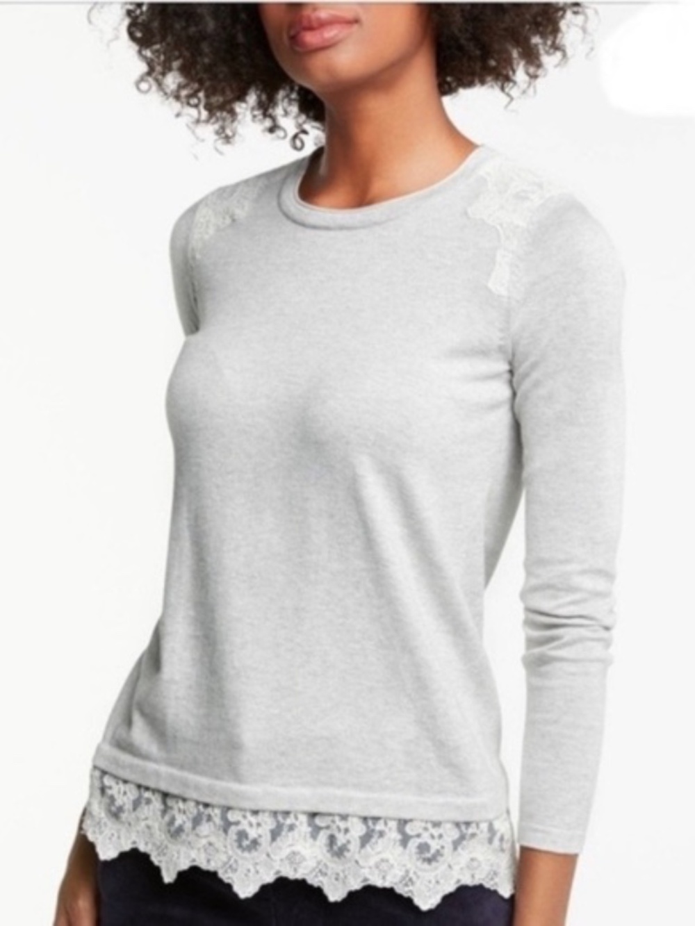 Boden Women’s Cotton Gray Lace Detail Pullover Sweater
